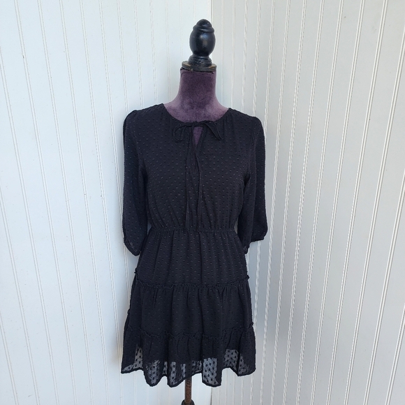 Speechless Dresses & Skirts - Speechless Women's Black Swiss Dot Tie Neck Mini 3/4 Sleeve Dress Sz S